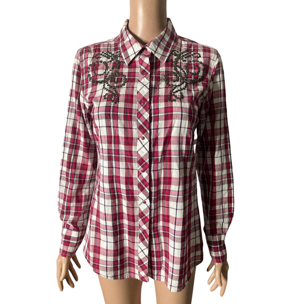 Ariat Fitted Western Shirt Womens M Pink Plaid Snap Front Rhinestone Floral